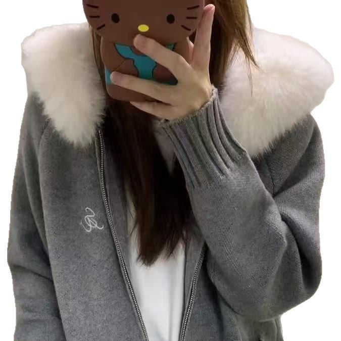 Fur Collar Hooded Knit Cardigan Women