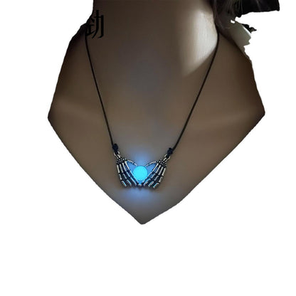 Fashion Halloween Skull Palm Heart Pendant Luminous Necklace For Women Glowing Jewelry Rope Chain Choker Party Statement Gift  (Available)
