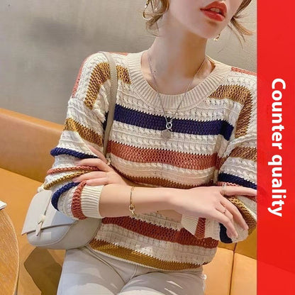 Loose Short Hollow Color Striped Sweater
