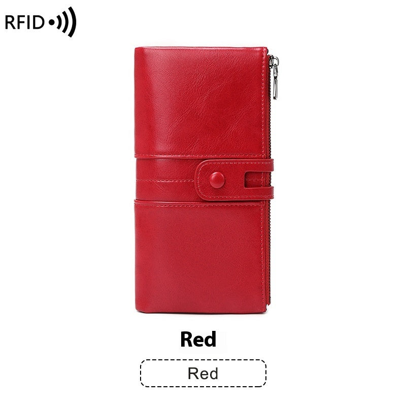 Oil Wax Leather Double Zipper Long European And American New Retro Anti-theft Swiping Women's Wallet