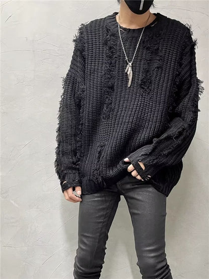 Niche Retro Tassel Ripped Design Loose Lazy Knit Sweater