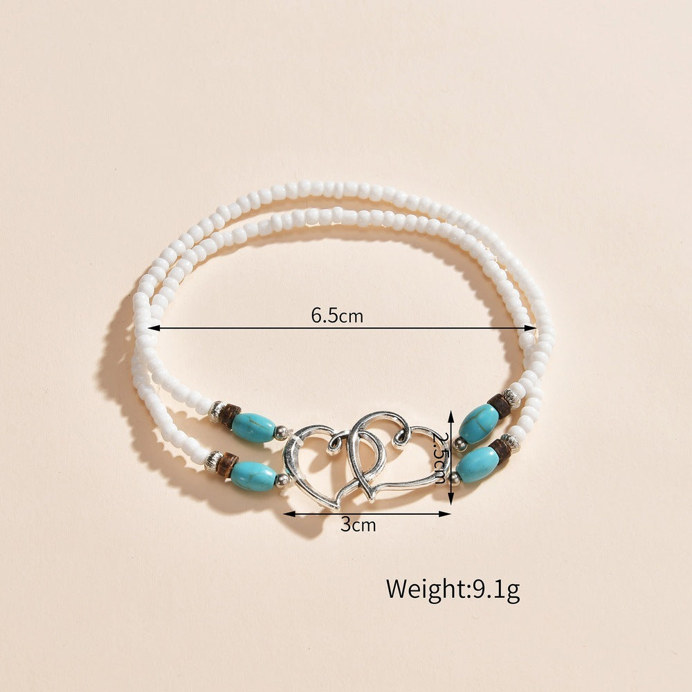 Alloy Double Heart Rice Bead Turquoise Double-layer Elastic Ankle Chain  (Available)