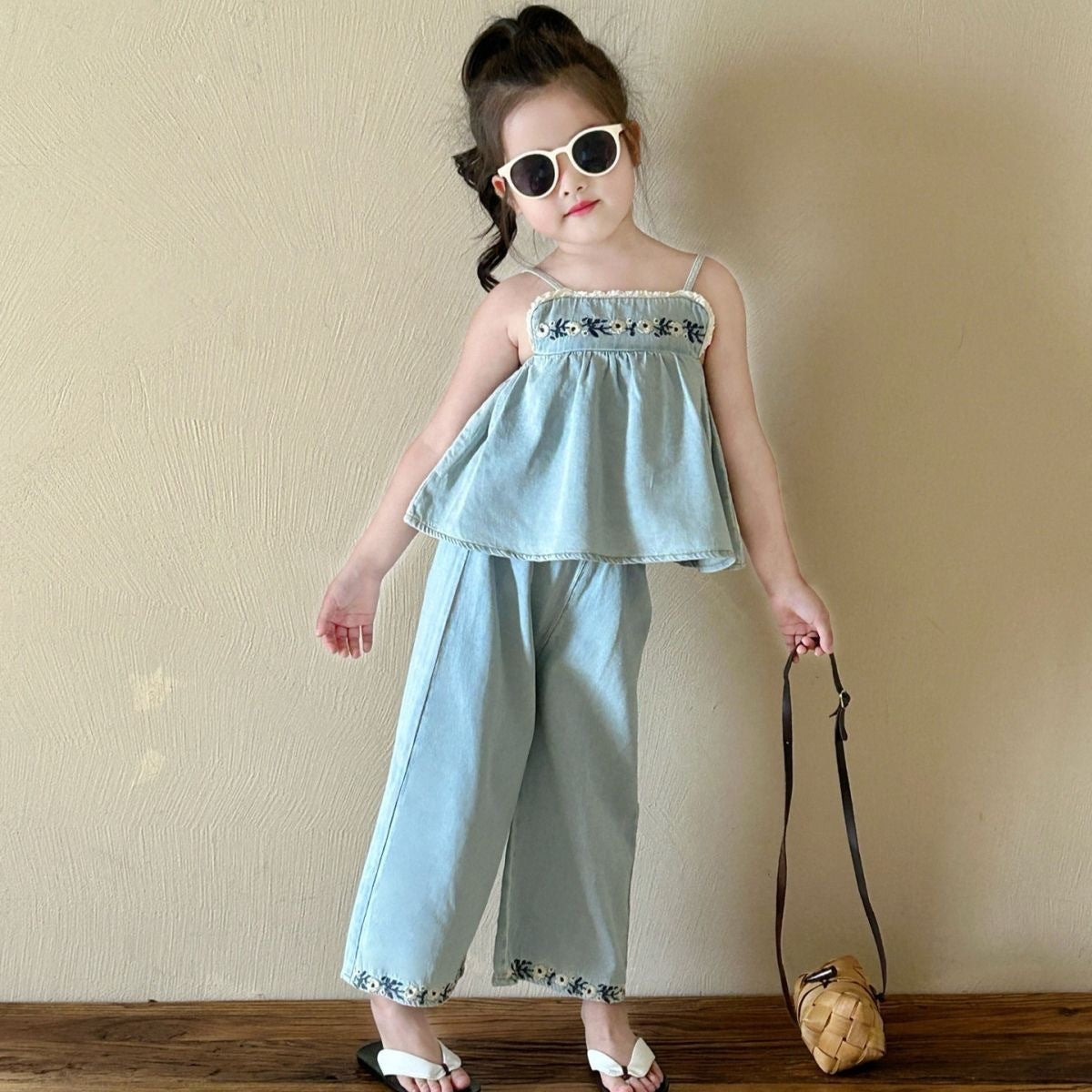 Girls Denim Pants Set Bangladesh Embroidered Vest - Small China Town