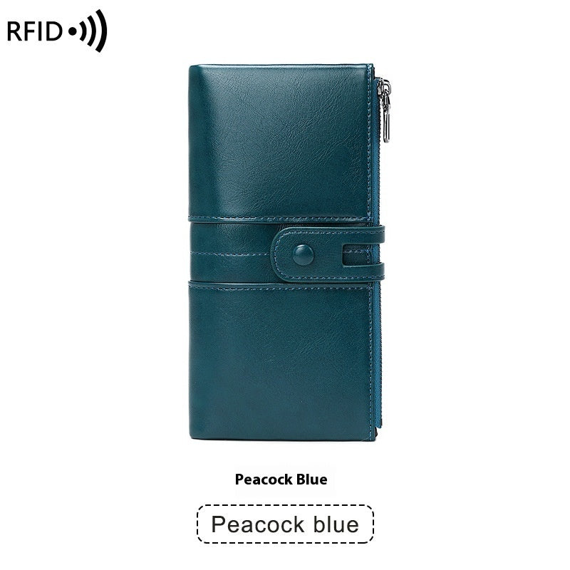 Oil Wax Leather Double Zipper Long European And American New Retro Anti-theft Swiping Women's Wallet