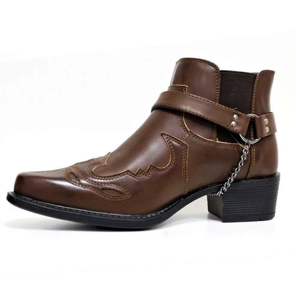 Fashion Personality Belt Buckle Thick Heel Pointed Men's Boots (Available)