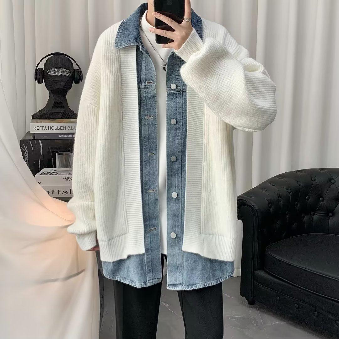 Men's Knitted Cardigan Coat Fake Two-piece Color Matching