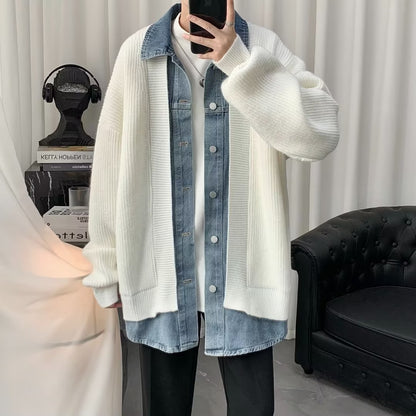 Men's Knitted Cardigan Coat Fake Two-piece Color Matching