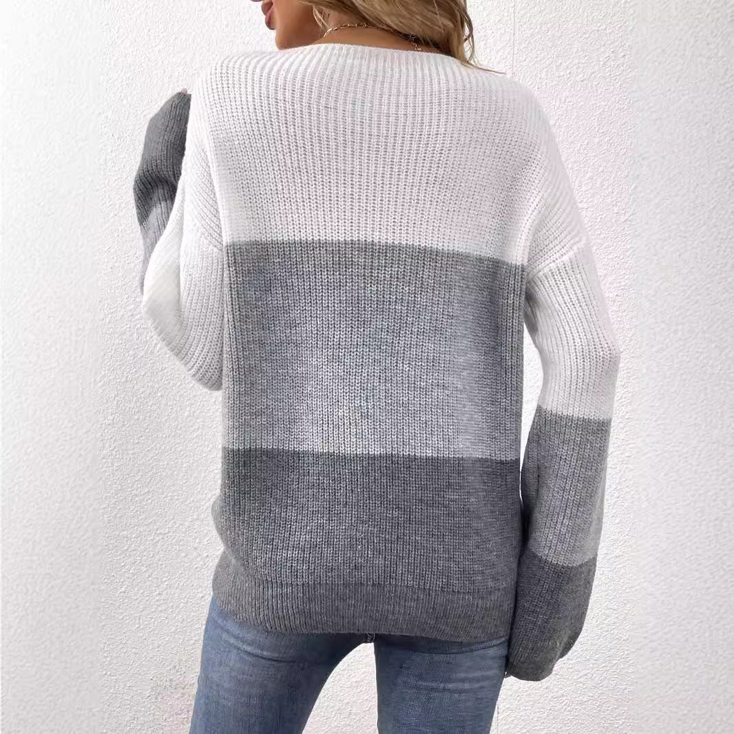 Contrast Gray White Splicing Pullover Sweater Long Sleeve