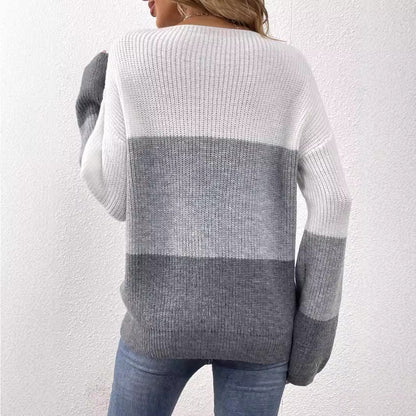 Contrast Gray White Splicing Pullover Sweater Long Sleeve