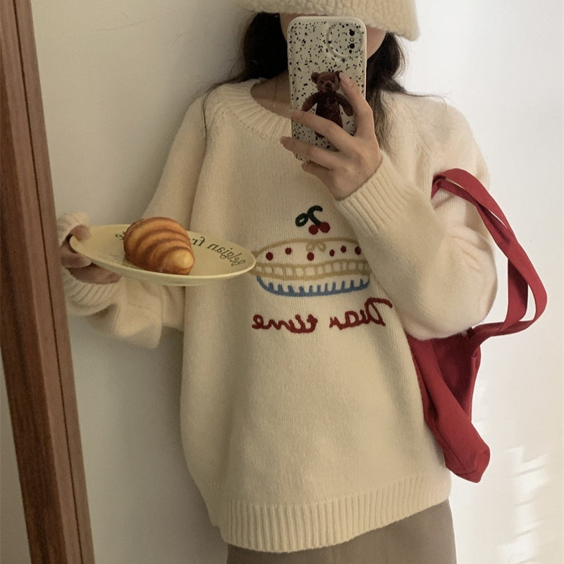 Cake Round Neck Embroidered Sweater Women Versatile
