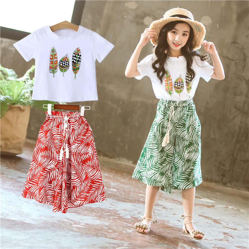 Girls Korean Pants Set Bangladesh Leaf Print - Small China Town