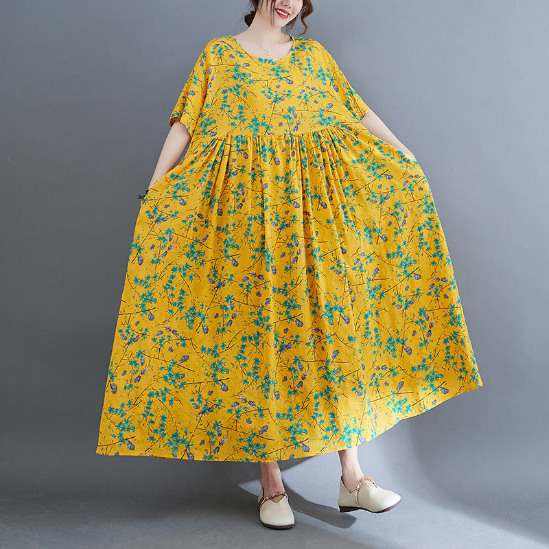 Artistic Large Size Loose Plump Girls Cotton And Linen Printed Short-sleeved Dress Women's Clothing