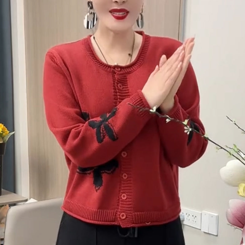 Stylish Knit Winter Fashion Lazy Retro Floral Round Neck Cotton Top