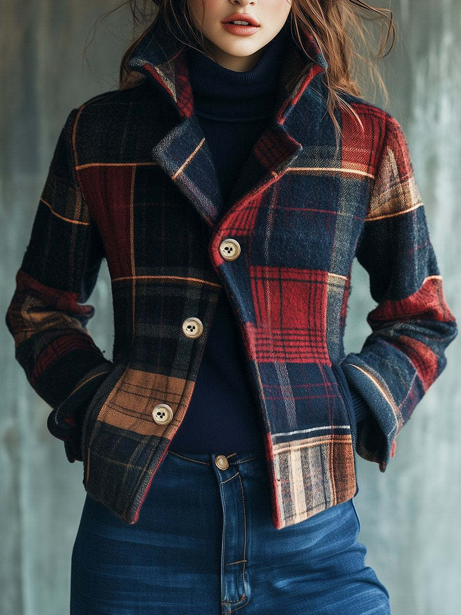 Autumn And Winter New Cross Border Foreign Trade Fashion Casual Jacket Short Style Printed Retro Plaid Collar Jacket