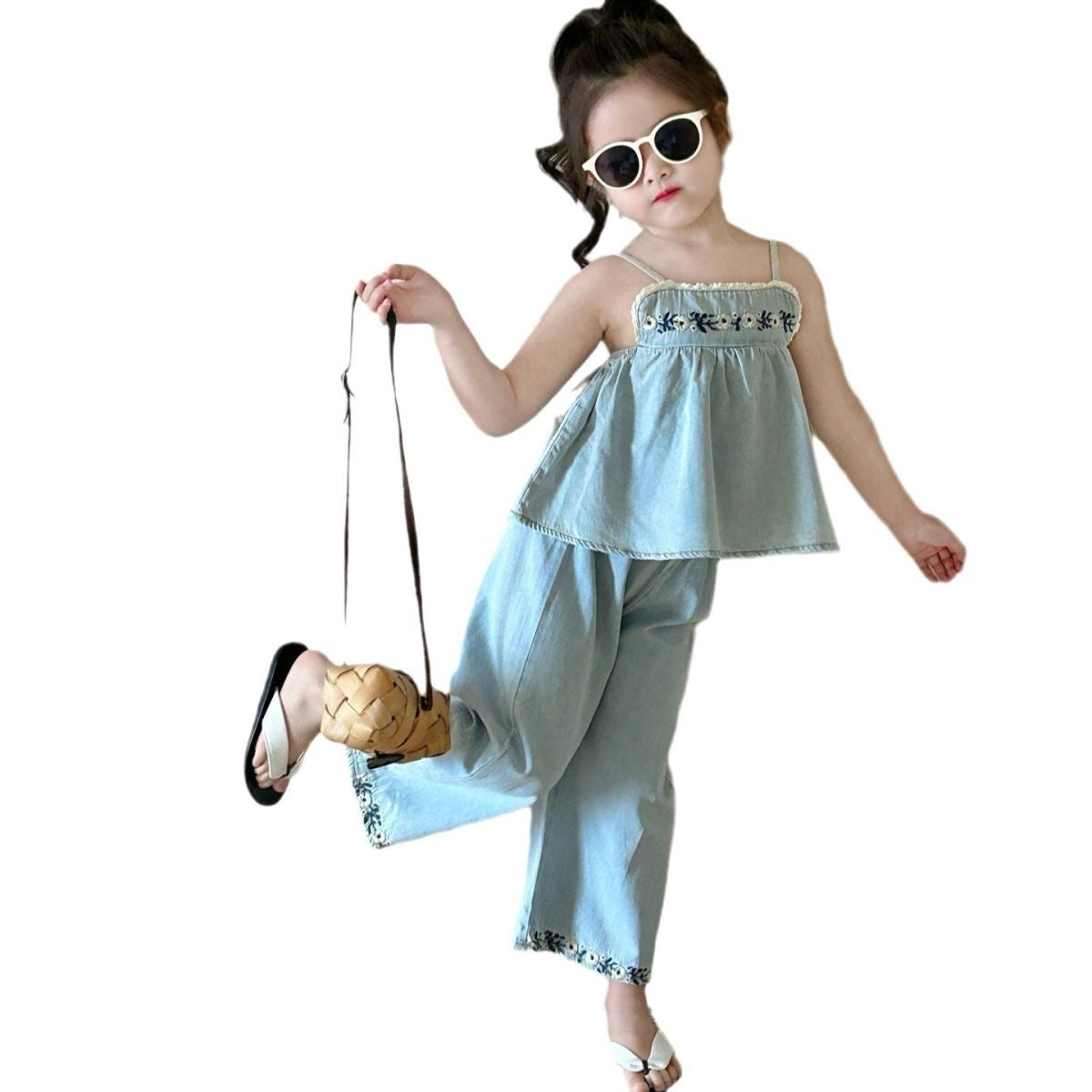 Girls Denim Pants Set Bangladesh Embroidered Vest - Small China Town