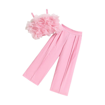 Mesh Three-dimensional Flower Sling Top Slim Fit Suit Pants Suit  (Available)