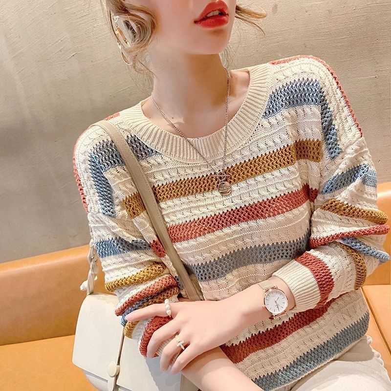 Loose Short Hollow Color Striped Sweater