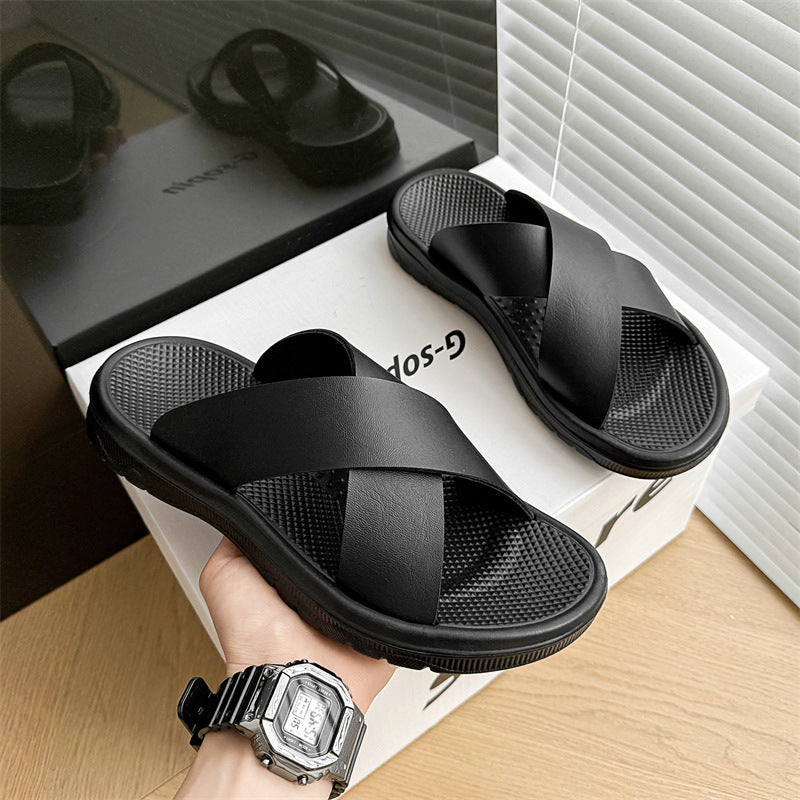 Leather Cross Plus Size Beach Casual Slippers Men ( Available )