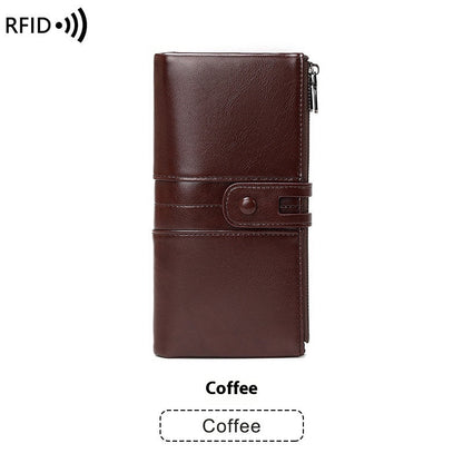 Oil Wax Leather Double Zipper Long European And American New Retro Anti-theft Swiping Women's Wallet