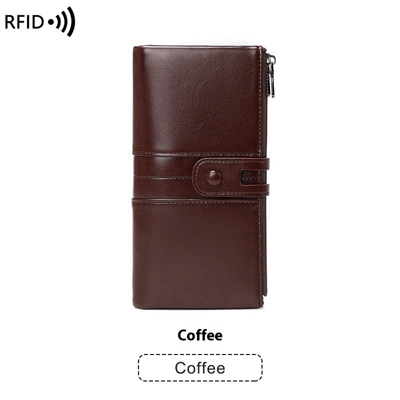 Oil Wax Leather Double Zipper Long European And American New Retro Anti-theft Swiping Women's Wallet