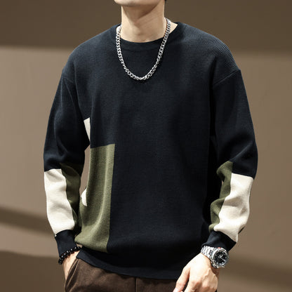 High Sense Color Contrast Patchwork Male Loose-fitting Oversized Sweater