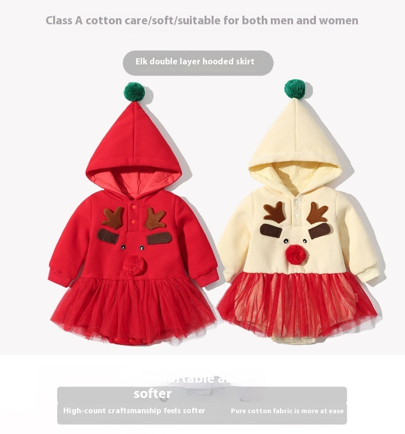 Baby Autumn And Winter Clothes Christmas Romper Hooded Baby Bloomer With Skirt Jumpsuit