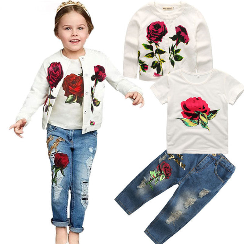Big Kids Three-piece Suit Long-sleeved Jacket Sequined Jeans