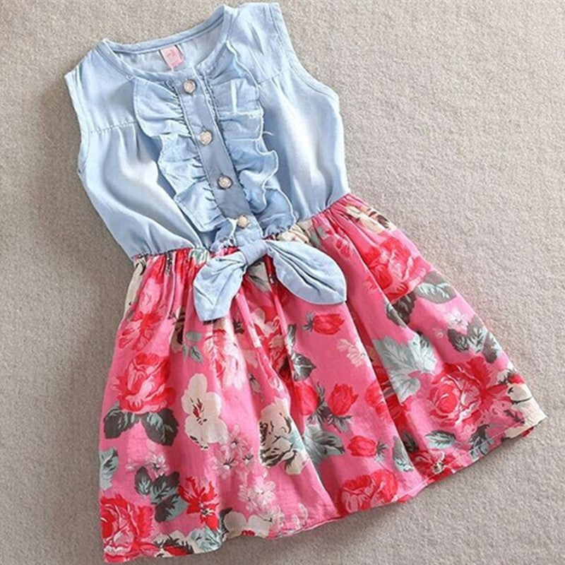 Summer Children Sleeveless Girl Denim Floral Dresses  (Available)