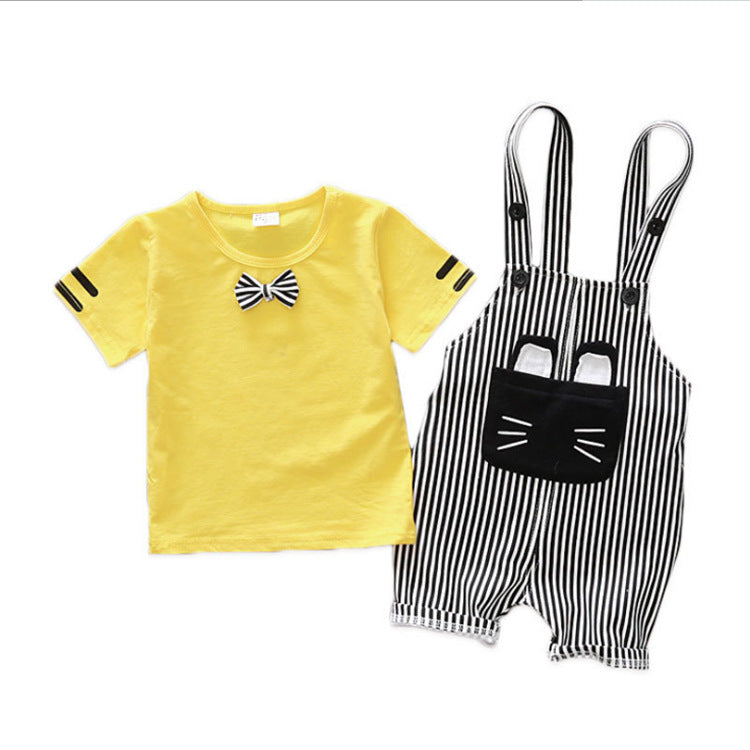 Boys Cartoon Suspender Outfit with soft cotton fabric, cute cartoon design, and stylish two-piece suspender set for babies and toddlers