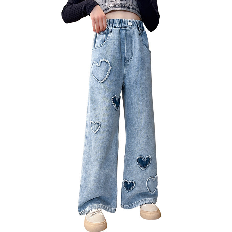Girls' Love Raw Edge Denim Wide-leg Pants (Available)