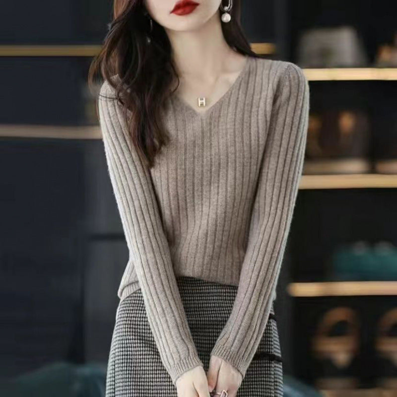 Slim V-neck Pullover Long Sleeve Knitted Sweater