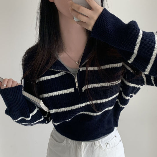 Lapel Half Long-sleeve Zipper Striped Knitted Sweater