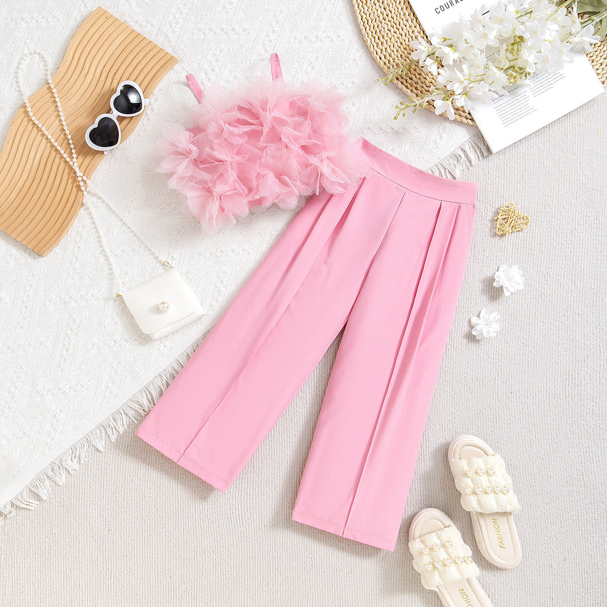 Mesh Three-dimensional Flower Sling Top Slim Fit Suit Pants Suit  (Available)