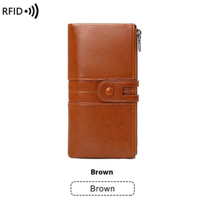 Oil Wax Leather Double Zipper Long European And American New Retro Anti-theft Swiping Women's Wallet