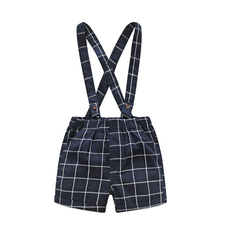 Children's Short-sleeved Knitted One-piece Romper Sheath Romper Plaid Suspender Pants (Available)
