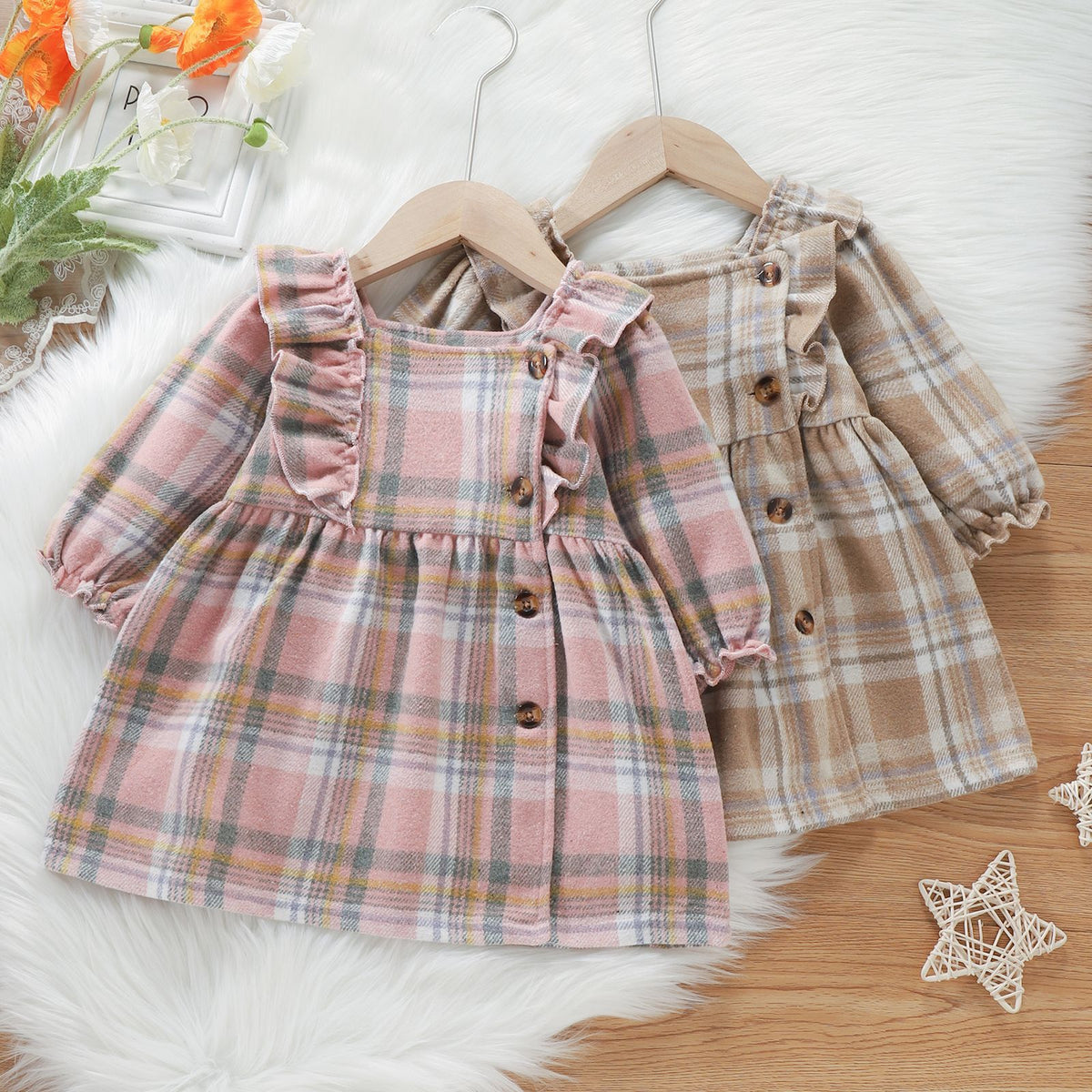 Plaid Ruffled Long Sleeved Girls Autumn Dress