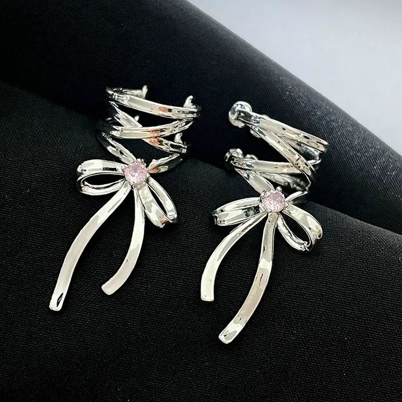 Ribbon bow ear cuff with a non-piercing ballet-inspired design for women, lightweight fashion jewelry for everyday wear and parties