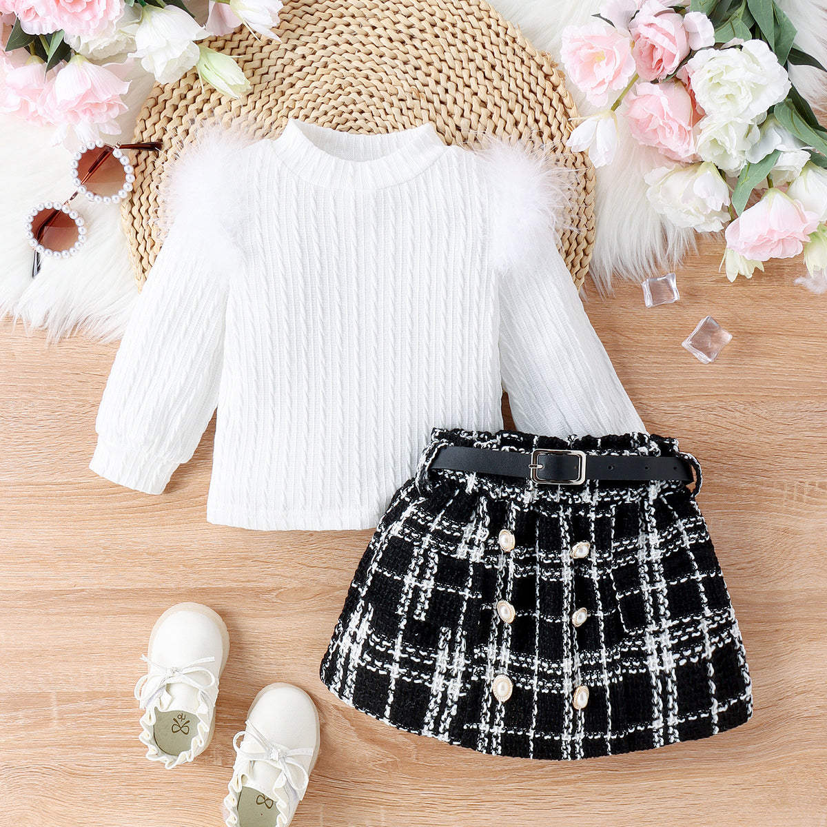 Autumn And Winter New Girls' Suit Furry Top Woolen Fabric Skirt With Belt Three-piece Set