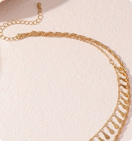 Multi-layer Braided Chain Disc Droplet-shaped Tassel Necklace