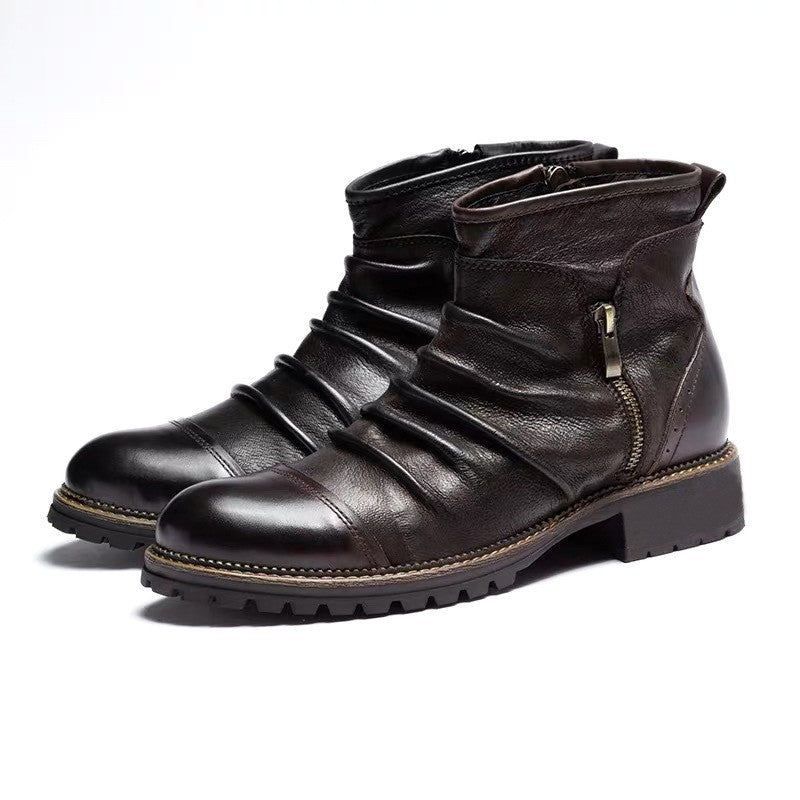 Retro Round Toe PU Leather Side Zipper Martin Chunky Heel Ankle Boots (Available)