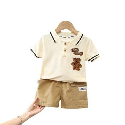 Boys Cartoon Summer Suit Set with short sleeve cartoon shirt and matching shorts for comfortable summer wear and everyday activities