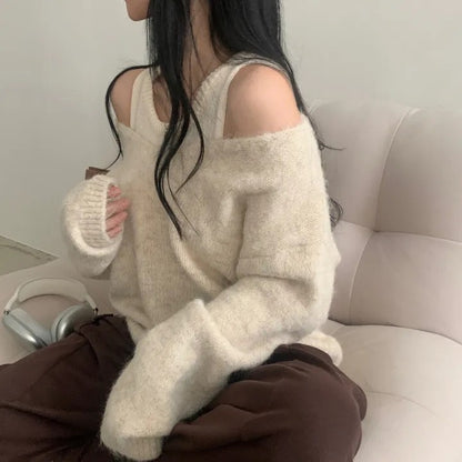 Bandage Dress Knitted Vest Soft Glutinous Loose-fitting Long Sleeve Sweater Two-piece Set