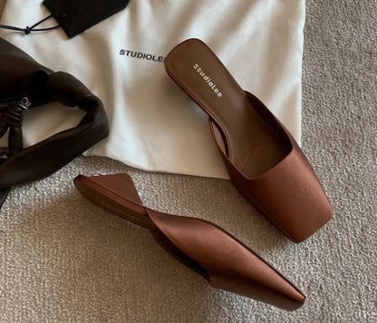 French Style Square Toe Low-cut Silk Satin Triangle Heel Muller Sandals (Available)