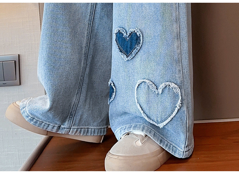 Girls' Love Raw Edge Denim Wide-leg Pants (Available)