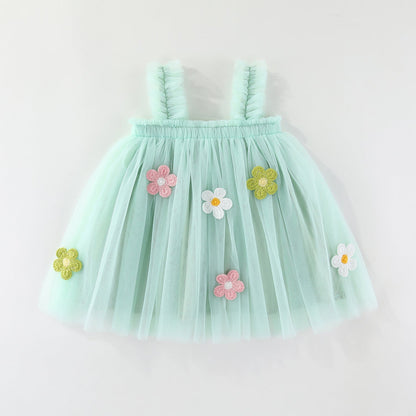 Girls Spaghetti Straps Chest Wrap Flower Embroidery Mesh Dress