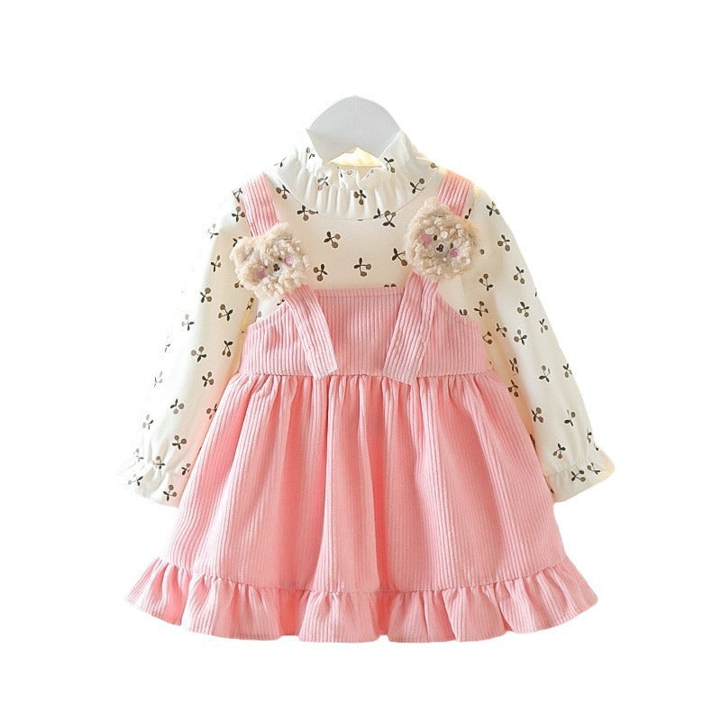 Girls' Long Sleeve Cute Cherry Bear Dress