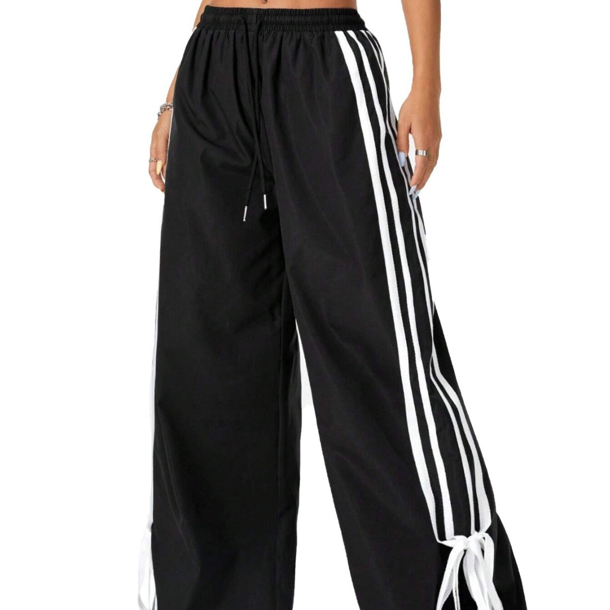 High Waist Wide Leg Pants Women's Spring Summer New Style Three Bars Drawstring Cuffed Straight Casual Extended Sports Trousers