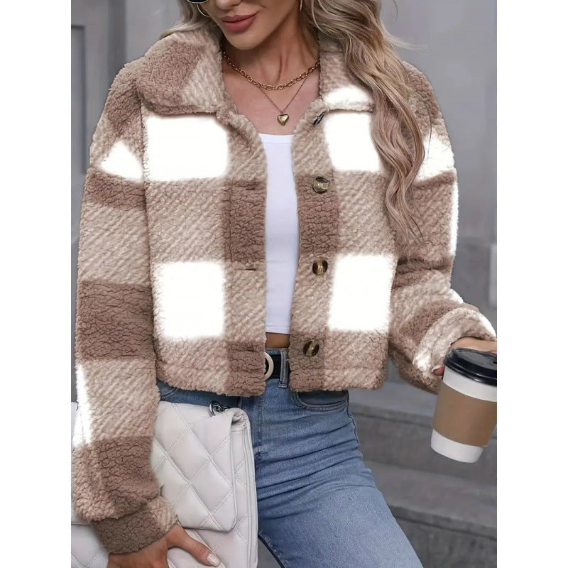 Plaid Pattern Plush Button Cardigan Casual Warm Coat