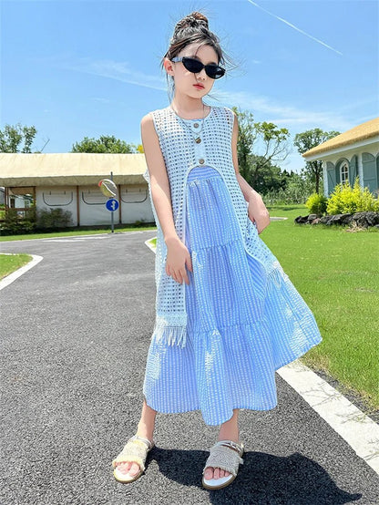 5-14Years Old Girls Dress Children Summer Sweet Beach Holiday Gown Kids Dresses Teenager Sleeveless Clothing Sets - Mom & Kids