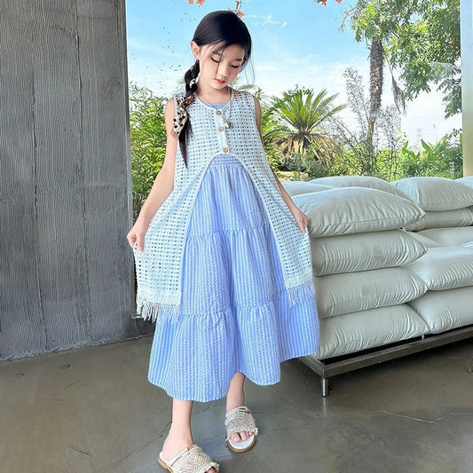 5-14Years Old Girls Dress Children Summer Sweet Beach Holiday Gown Kids Dresses Teenager Sleeveless Clothing Sets - Mom & Kids